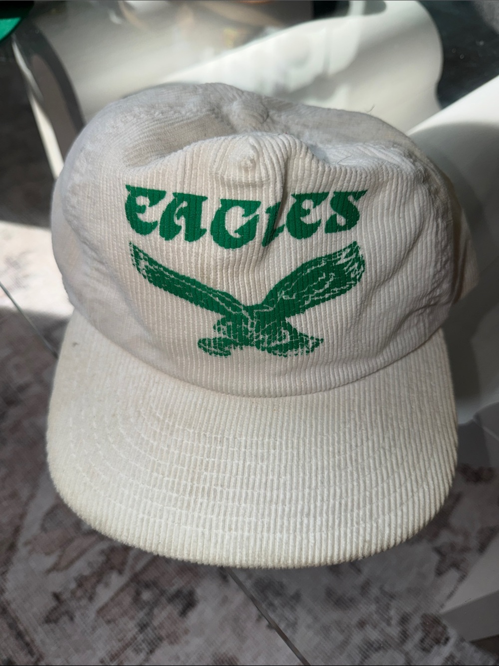 White Corduroy 'Eagles' Hat with Green Logo